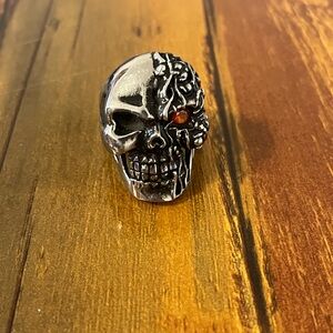 Silver Skull Ring with Red Gem